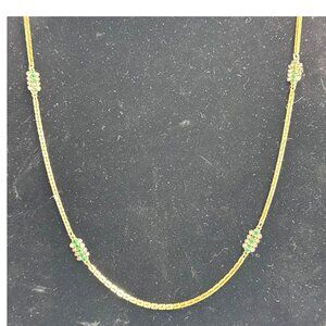 Vintage Hobé Gold Tone Box Link Necklace Emerald Green Rhinestone Accent 28"